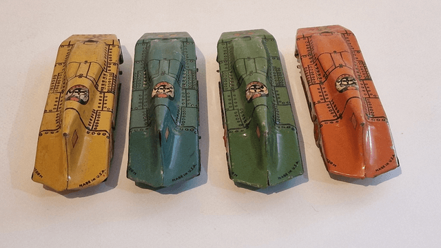 Rare tinplate mechanical speedway streamlined racers by Lindstorm