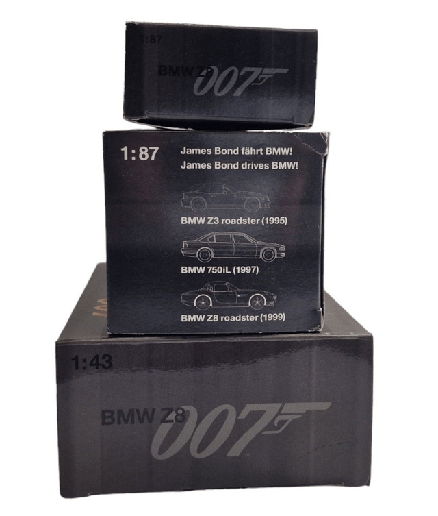 James Bond BMW Z3, BMW Z8, BMW 750iL 1/87 & BMW Z8 1/43 scale die cast models