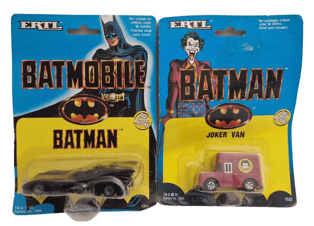 Batman Mug, 1989 Batmobile, Joker van & badge / pin set bundle