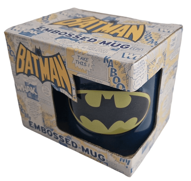 Batman Mug, 1989 Batmobile, Joker van & badge / pin set bundle