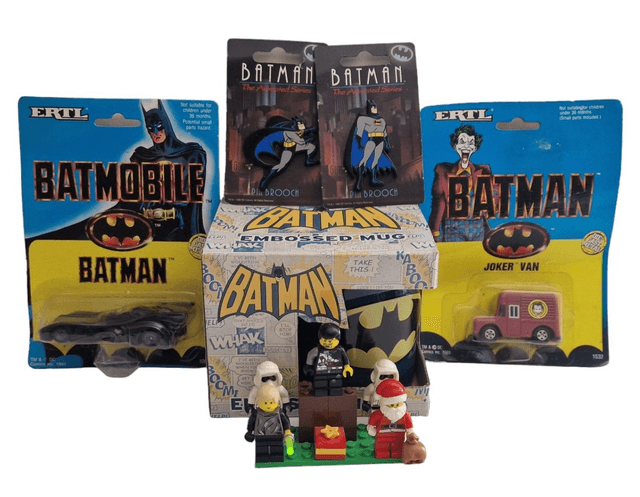 Batman Mug, 1989 Batmobile, Joker van & badge / pin set bundle